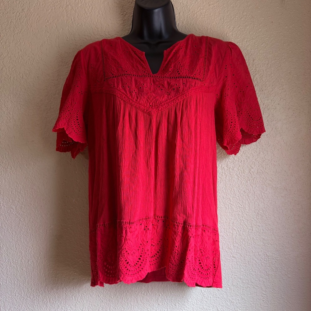 Knox Rose Red Eyelet Embroidered Split Neck Short Sleeve Blouse Large